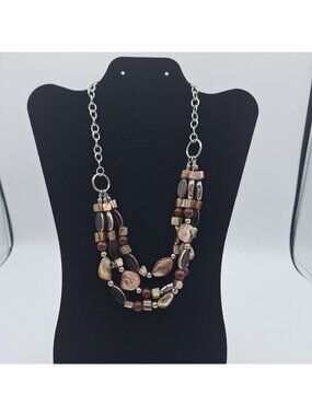VTG SHELL AND GLASS BROWN TAUPE SILVER TONE 3 STRAND NECKLACE COSTUME JEWELRY